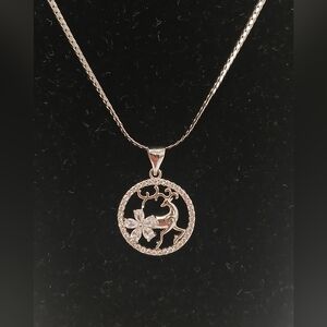 Nwot 18k White Goldplated Deer With Sparkly Cz Pendant & Necklace